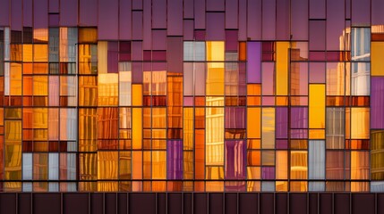 Mirrored glass reflects vibrant sunset colors architecture with geometric urban pattern. AI generated.
