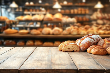 Variety of fresh breads on wooden table in a bakery with blurred background