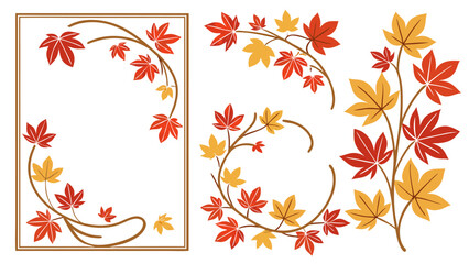 Illustration of autumn maple leaves with red and yellow colors arranged in decorative frames and borders