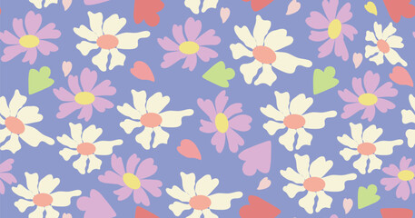 Seamless floral pattern with hand-drawn white and pink daisies, pastel hearts, and purple background. Cute whimsical spring design perfect for fabric, wallpaper, and digital prints.