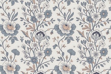 Blooming Vintage Floral Seamless Pattern with Flat Style for Fashion. Blue and White spring Flowers . Chinoiserie Style