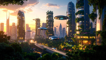 Vision of a futuristic green metropolis at sunrise, where sustainable architecture with vertical gardens coexists with flying vehicles and advanced transport