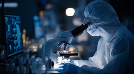 Technician using microscope in lab PPE attire screens glowing. AI generated.
