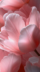 Delicate pink petals of tulips create soft and elegant floral composition, showcasing intricate textures and gentle curves. close up view highlights natural beauty and grace of flowers