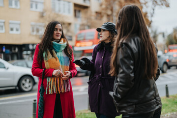 Three women dressed for cool weather engaging in a conversation outside on a city street, with...