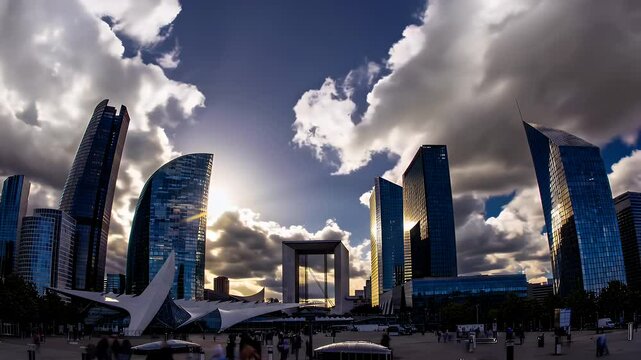 high speed hyperlapse through business district  featuring sleek skyscrapers and a modern convention center under sunny skies  reflecting the city&rsquo;s thriving economic in 4k