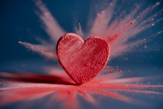 Red heart shape exploding with powder against a dark blue background