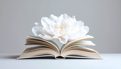 An open book with pages fanned outward rests below a soft white cloud. Butterflies emerge from the cloud and flutter skyward—evoking imagination, literary magic, and transformation.