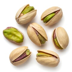 Close up of multiple open pistachios with vibrant green nuts on a white background
