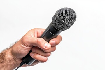 Hand holding a black microphone against a white background