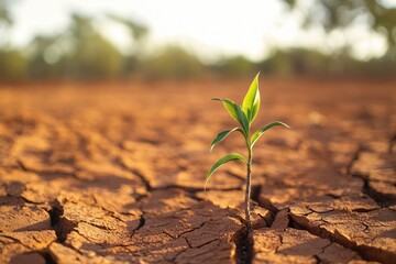 A young sprout emerges from cracked earth.  Sunlight highlights the fragile life