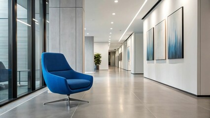 Modern office hallway with a blue chair and artwork on the wall