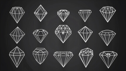 Linear diamond icons. Crystal gems, luxury gemstones and jewels diamonds outline. Brilliant gem, faceted precious stones minimal geometric style shapes vector set with editable stroke paths