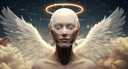 Cyber-Angel in Neon Metropolis - AI-Generated Serene Futuristic Being for Sci-Fi & Spiritual Media  