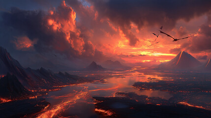 Epic fantasy illustration featuring a dramatic volcanic landscape with flowing lava rivers and dragons soaring above fiery peaks. Ideal background for fantasy games, animations, storytelling