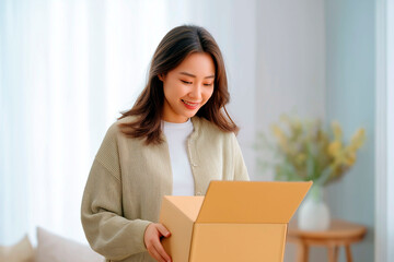 Smiling young woman opening cardboard box indoors in bright cozy room, experiencing joy and curiosity during unboxing moment