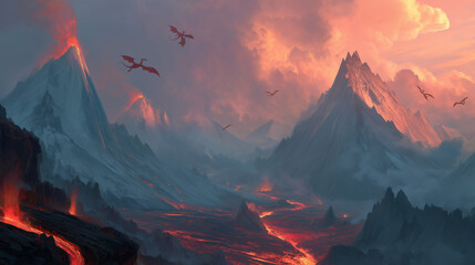Epic fantasy illustration featuring a dramatic volcanic landscape with flowing lava rivers and dragons soaring above fiery peaks. Ideal background for fantasy games, animations, storytelling