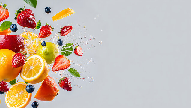 Refreshing mix of fresh fruits exploding with water splash and healthy lifestyle concept
