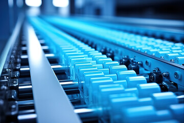 Obraz premium Blue roller conveyor crossing beverage line in production facility