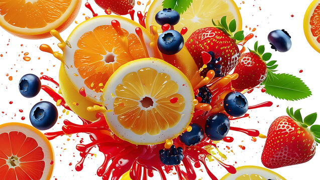 Vibrant citrus bursting with juicy flavors showing oranges lemons strawberries and blueberries on white background