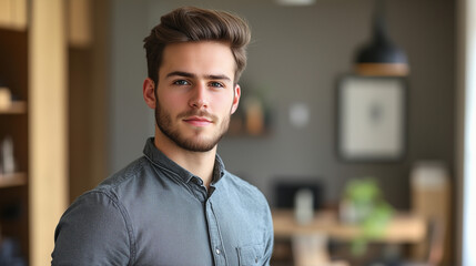 A confident man with short hair wearing grey shirt standing in modern office, natural light, blurred background. Business portrait of a professional male in casual outfit looking at camera