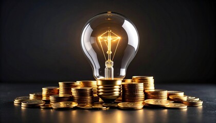 An illuminated clear light bulb sits among stacks of gold coins, casting a warm glow—evoking the powerful link between innovation, wealth generation, and the value of bright ideas.