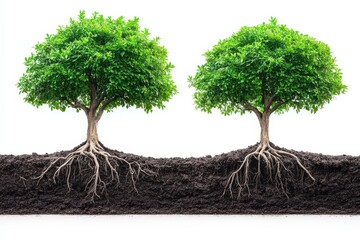 Twin Trees Rooted in Soil Growth Connection Nature Biology Life Science Earth on white background. Generative AI