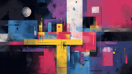Vibrant abstract composition featuring geometric shapes bold colors like pink, yellow, and blue, set against dark background with textured, cosmic feel. design evokes sense of dynamic energy