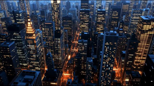 Aerial View of Bustling Cityscape at Night Illuminated Skyscrapers and Vibrant Streets with Glowing Lights Creating Dynamic Urban Atmosphere, Highlighting Lively Energy and Nightlife
