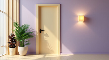 Modern Interior Design with Purple Wall, Yellow Door, and Decorative Houseplants