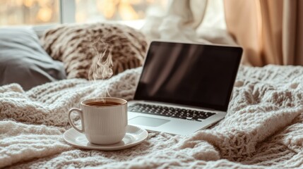 Cozy laptop use. A steaming cup of tea rests on a bed draped in a warm knit blanket beside a laptop computer.  Natural light streams through a window
