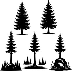 Obraz premium Pine trees in black and white silhouette asset with white background 
