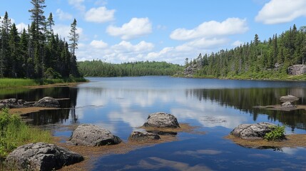 Obraz premium Serene lake nestled amidst lush greenery, reflecting a vibrant sky. Rocks dot the calm waters