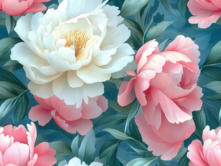 Beautiful pink and white peonies with lush green leaves create elegant floral pattern against deep blue background, evoking sense of tranquility and grace