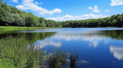 Serene lake reflecting a vibrant blue sky and lush green forest, tranquil waters edged with reeds