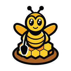 Cute cartoon bee character sitting on a honeycomb with a spoon
