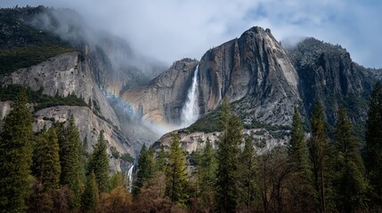 Waterfall cascades between cliffs with faint rainbow landscape travel. AI generated.