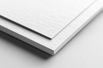 Close-up of two slightly offset stacks of thick, textured, off-white paper with a subtle shadow cast on a light gray surface