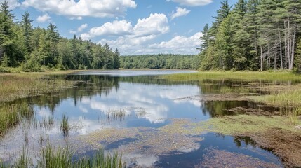 Serene lake reflecting clouds and lush greenery under a bright sky