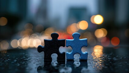 Two puzzle pieces, dark and light blue, interlocked, rest on a wet, reflective surface against a blurred city night backdrop of bokeh lights