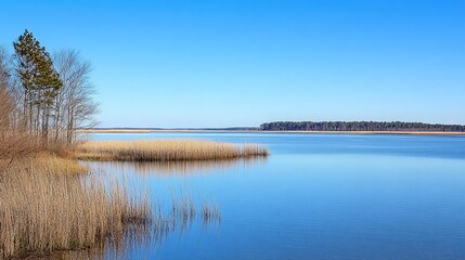 Serene lake view under a clear blue sky, featuring calm water reflecting the sky, and reeds lining the shoreline with bare trees in the foreground and distant land in the background