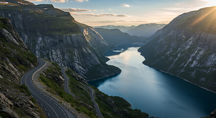 Scenic mountain road winding along a fjord at sunset