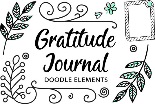Gratitude journal doodle elements with floral accents and decorative swirls and a rectangular frame design