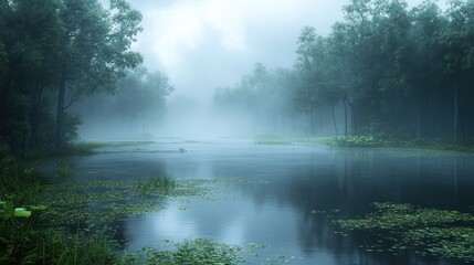 Misty forest lake at dawn with fog and lily pads