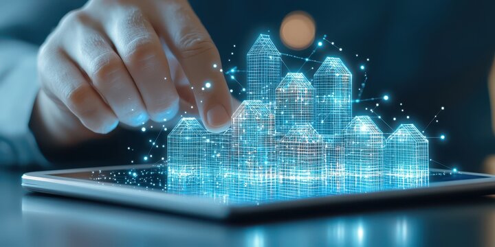 Engineer drawing construction concept. Digital hand interacting with virtual house models on a tablet screen in a tech-savvy environment.