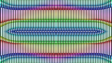 A seamless 3D geometric abstraction featuring rainbow-colored shape arranged in a repeating pattern with depth, symmetry, and vivid color transitions.