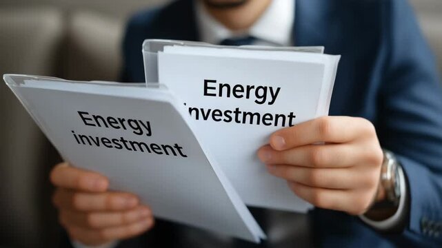 Man is holding two pieces of paper with the words energy investment written on them.  close-up of businessman&rsquo;s hand holding a file marked &ldquo;energy investment&rdquo; ,oil exploration stocks