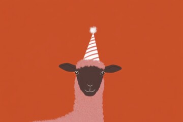 Minimalistic party sheep illustration with festive hat on red background