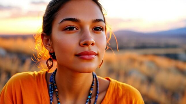 AI generation. A young Native American woman in the wilderness. Respect for traditions. National Day of Truth and Reconciliation. 30th September. Orange Shirt Day logo design. 