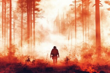 Soldier in fiery forest landscape evoking war and conflict themes